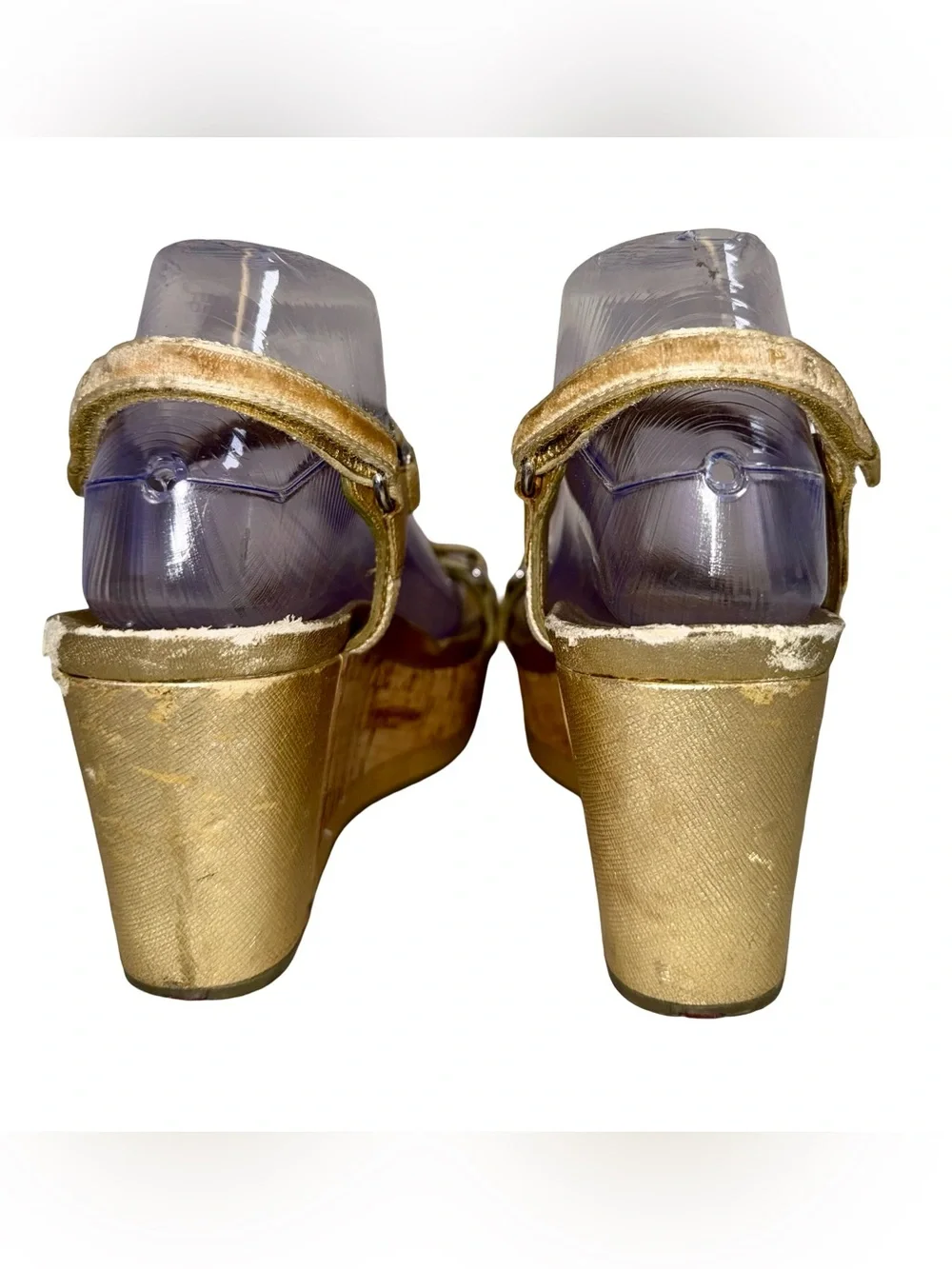 PRADA GOLD WEDGE SANDALS WITH CORK PLATFORMS